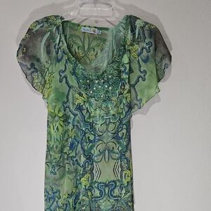 EUC Unity World Wear Vibrant Green Patterned Sheer Flutter-Sleeve Top